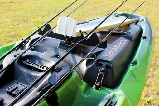 YakAttack's Bullwinkle Rod Stager shown staging four (4) rods and a Hawg Trough Measuring Board on a fishing kayak