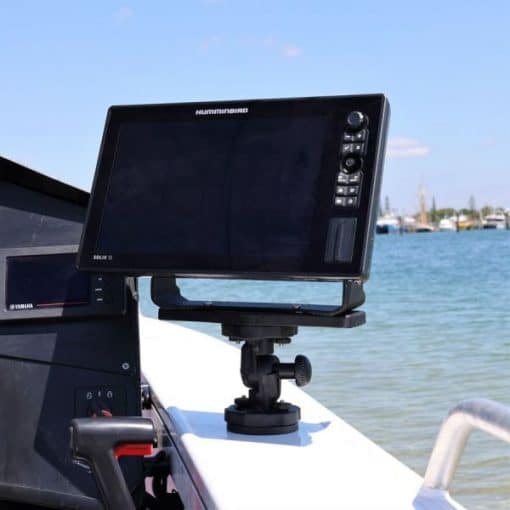 Humminbird fishfinder installed to the gunnel of a fishing boat using a Railblaza HEXX RotatingFishfinder Mount