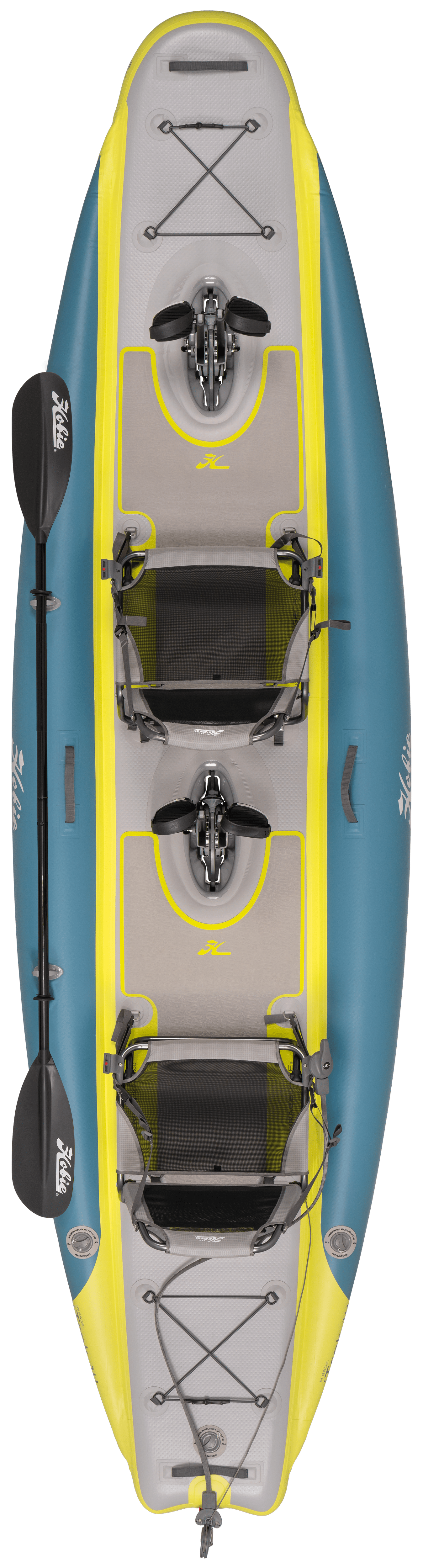Top view of the Hobie iTrek 14 Duo inflatable kayak displaying its standard features and deck layout