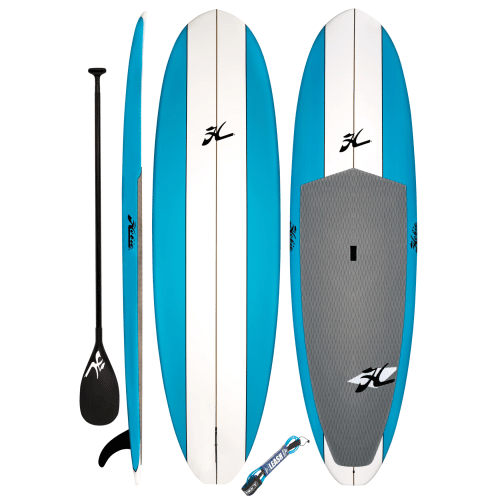 Top, bottom and side views of the Hobie Heritage stand-up paddle board (SUP). Image deicts the telescopic paddle and leash sold as a kit with the Heritage board. The hull is blue with a central white stripe, the deck pad is grey