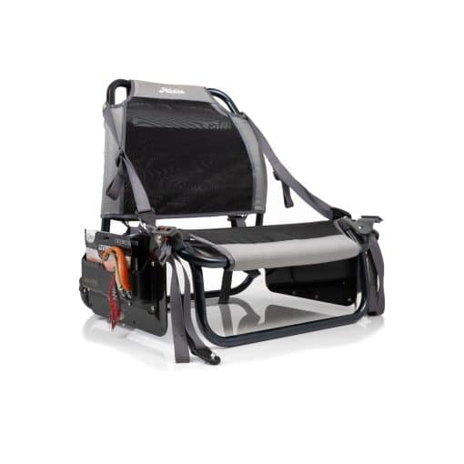 BerleyPro Lynx Side Bro; A seat mounted storage and tackle organisation system designed to suit the Hobie Lynx kayak. Shown with a range of tackle and fishing gear organised in the right hand pocket