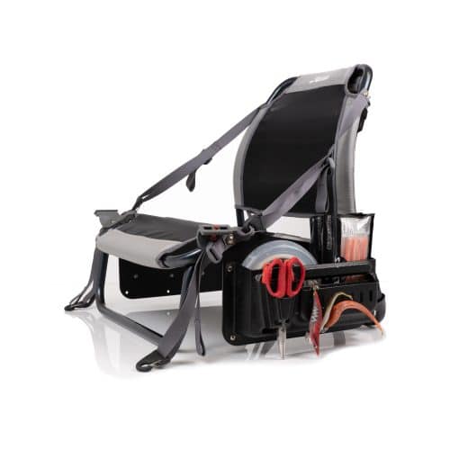 BerleyPro Lynx Side Bro; A seat mounted storage and tackle organisation system designed to suit the Hobie Lynx kayak. Shown with a range of tackle and fishing gear organised in the left hand pocket