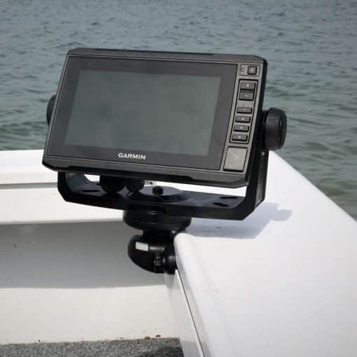 A Railblaza Garmin Fishfinder Mount Low Profile is used to mount a Garmin fish finder on a fishing boat