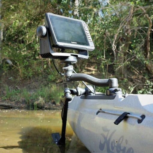 A Railblaza Garmin Fishfinder Mount Low Profile and Swing Arm mounting solution for a Garmin fish finder on a Hobie fishing kayak