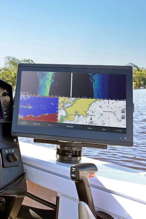 Large screen fishfinder installed to the gunnel of a fishing boat using a Railblaza HEXX RotatingFishfinder Mount