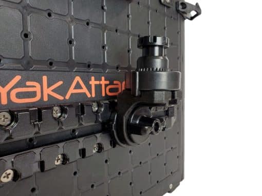 A YakAttack MightyMount 90° Vertical Track Adapter attached to a YakAttack BlackPak Pro kayak crate