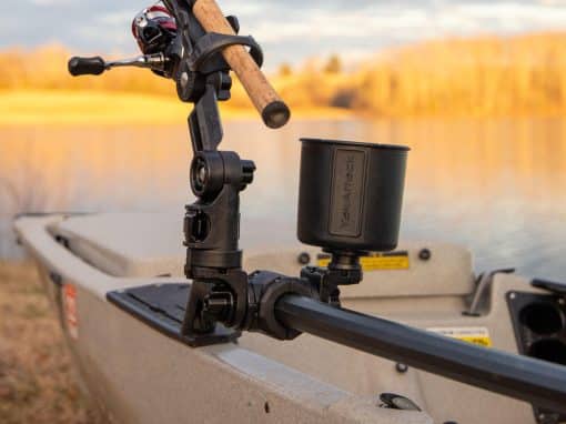 Two YakAttack MightyMount 90° Vertical Track Adapters combine with a YakAttack MightyMount Duo H-Rail Adapter to mount a rod holder and a cup holder to a Hobie H-Rail