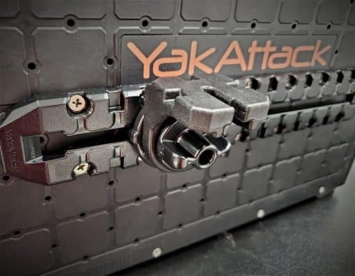 A YakAttack MightyMount 90° Vertical Track Adapter attached to a YakAttack BlackPak Pro kayak crate