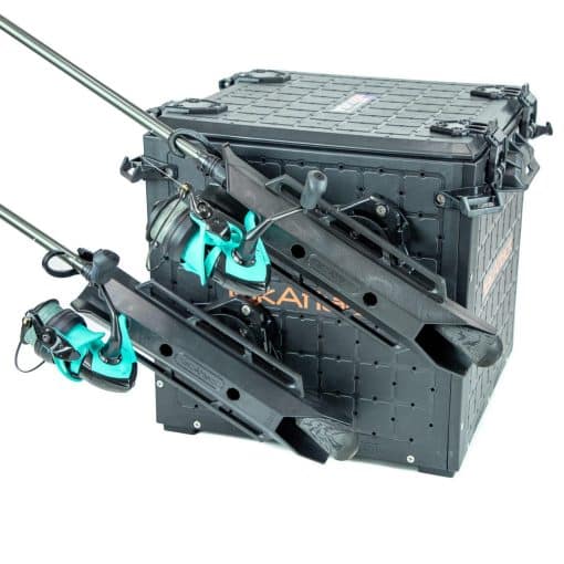 A Yakattack BlackPak with two angled TetherTube rod holders which are mounted to one side of the BlackPak using YakAttack TetherTube Turrets