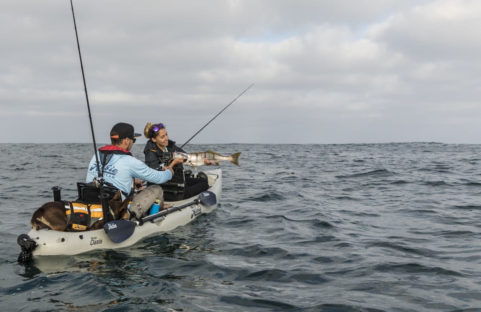 A couple and their dog land a fish aboard a Hobie Oasis fishing kayak