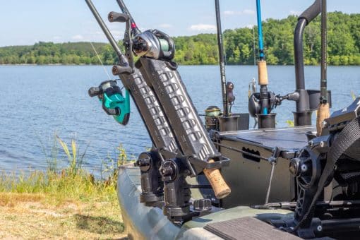 YakAttack DoubleHeader Accessory Mount with dual vertical rod holder installed on a fishing kayak