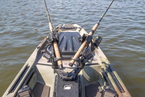 YakAttack DoubleHeader Accessory Mount with dual rod holders installed on a fishing kayak