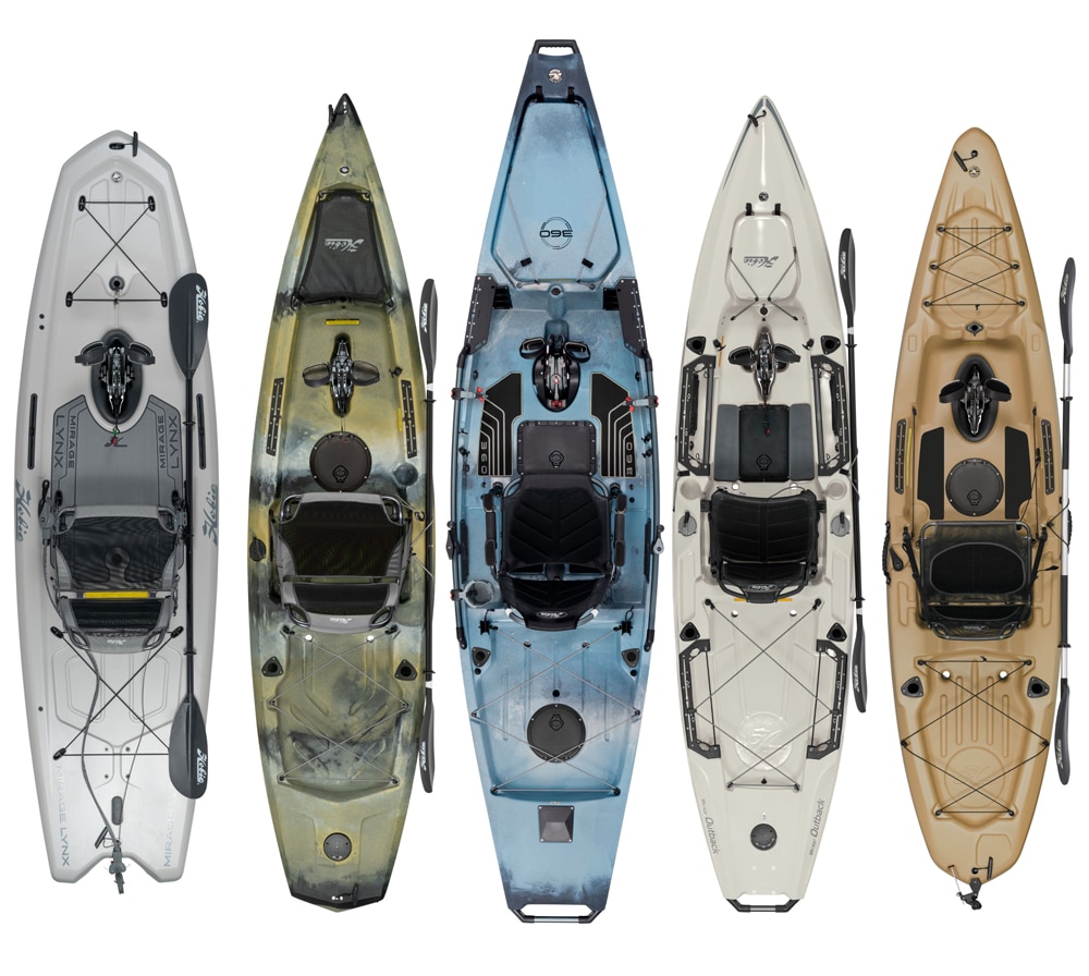 Top down image showing a sample of the Hobie fishing kayak range from left to right as follows; Hobie Mirage Lynx, Hobie Mirage Compass, Hobie Mirage pro Angler 14-360, Hobie Mirage Outback and Hobie Mirage Passport 12.0