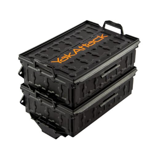 Yakattack's TracPak Combo Kit; Two stackable storage boxes that mount to kayak accessory tracks or YakAttack mounts. All components are black with an orange YakAttack logo the the box lids