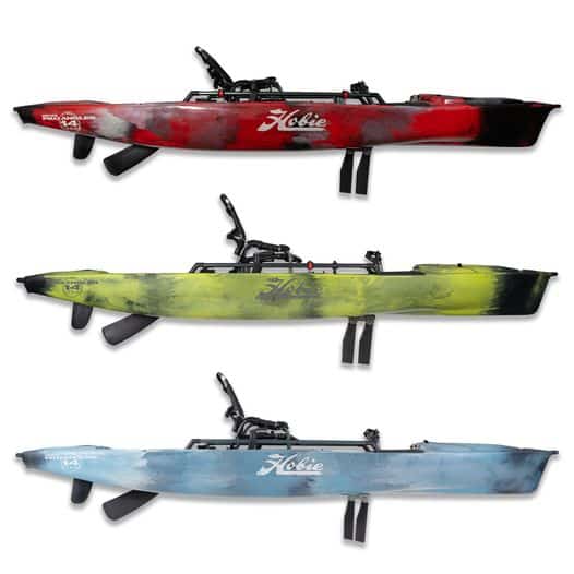 Image depicting three Hobie Pro Angler 14-360 fishing kayaks in new Campfire Camo colour (red) as well as Arctic Blue Camo and Amazon Green Camo colours