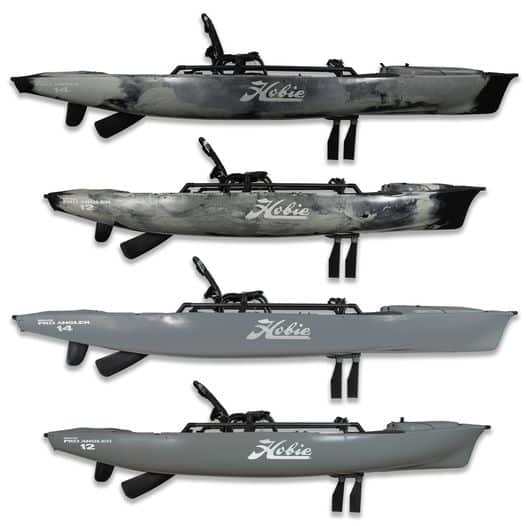 Image showing Hobie Pro Angler 14 and Hobie Pro Angler 12 in the new Dune Camo (grey) and Battleship Grey colour variants