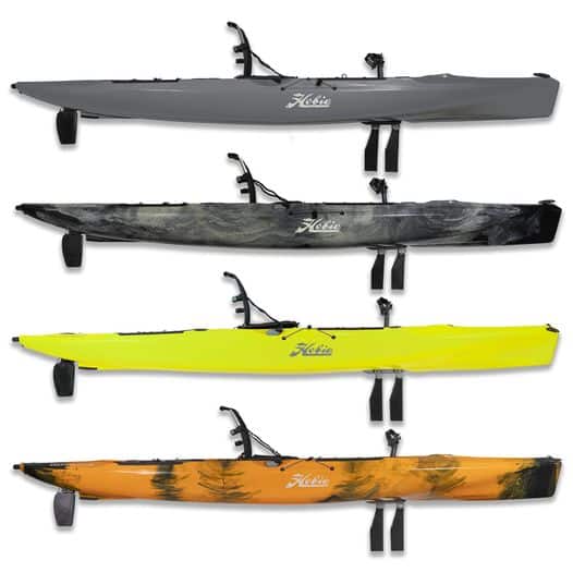 Image showing Hobie Outback in the new Dune Camo (grey), Battleship Grey, Seagrass (green) and Sunset Camo (orange) colour variants