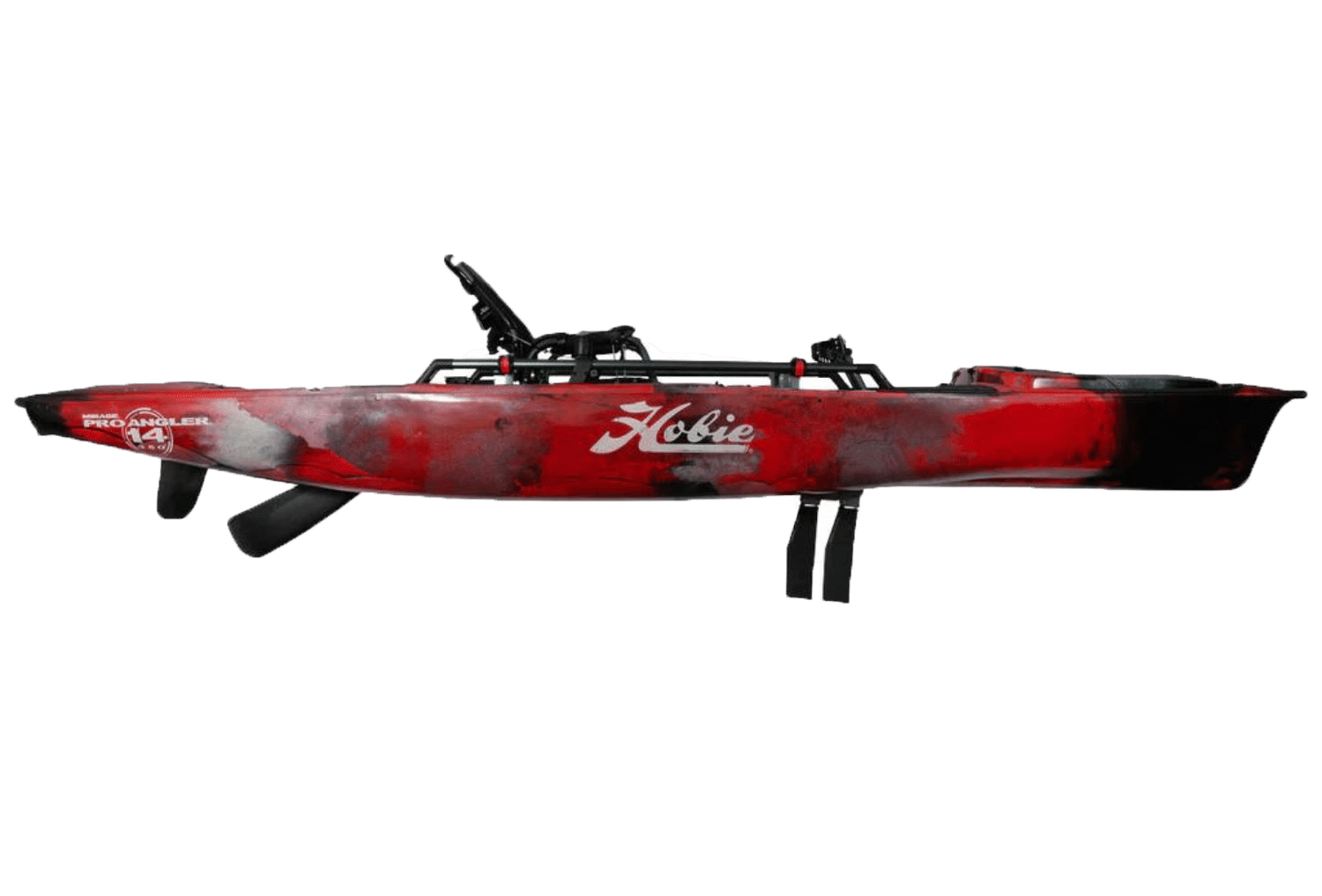 Side profile of the Hobie Pro Angler 14 with 360XR drive in the Campfire (red) camo colour scheme.