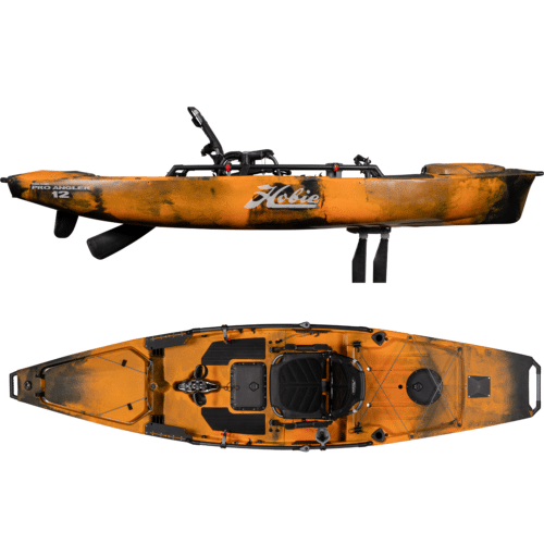 Hobie Pro Angler 12 fishing kayak in Sunrise Camo colurway. Side profile and deck profile
