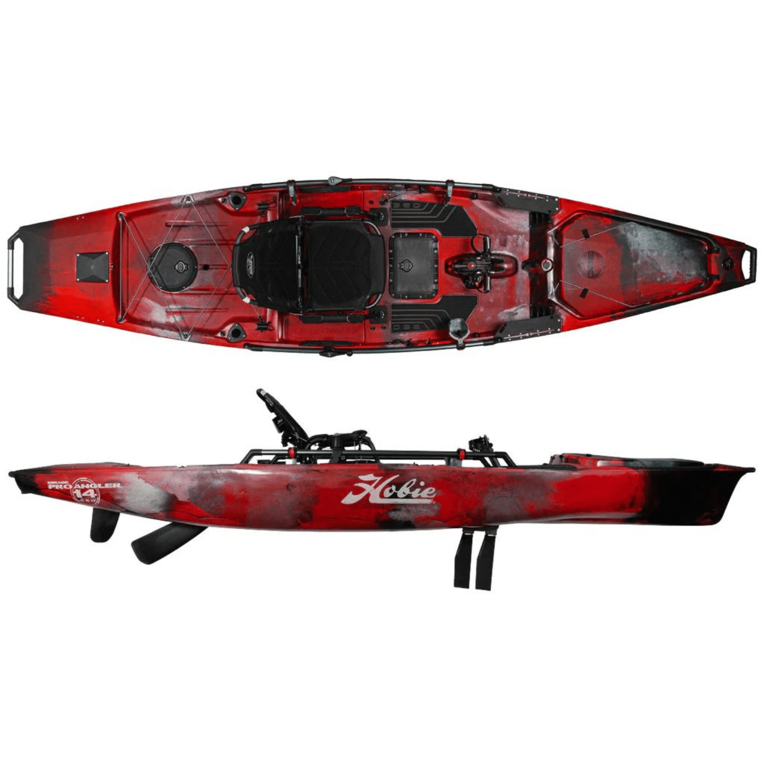 Top and side profiles of the Hobie Pro Angler 14 with 360XR pedal drive in Campfire (red) camo colour scheme