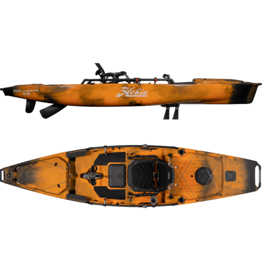 Hobie Pro Angler 14 fishing kayak in Sunrise Camo colurway. Side profile and deck profile