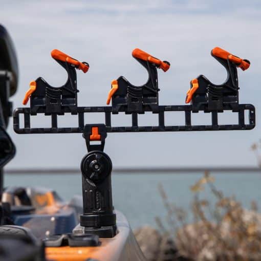 YakAttack Sidestage Pro horizontal rod rack system shown mounted to a kayak