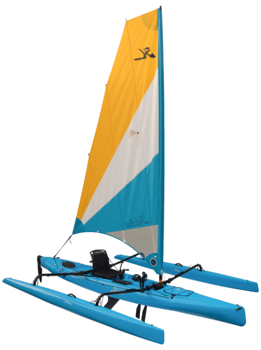 Hobie Mirage Adventure Island sailing trimaran kayak. Shown in the glacier blue colour with yellow white and blue sail