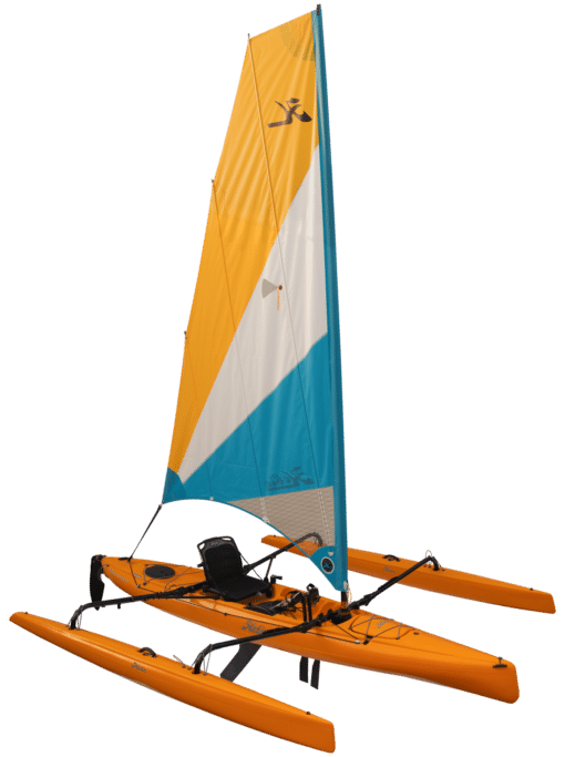 Hobie Mirage Adventure Island sailing trimaran kayak. Shown in the papaya orange colour with yellow white and blue sail